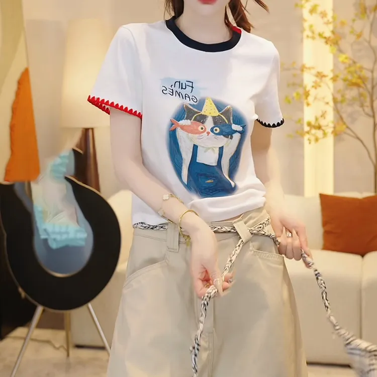 2025夏季撞色时尚休闲风短袖T恤衫圆领套头上衣新品LK2504180