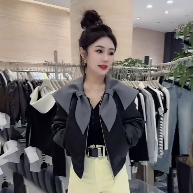 欧货2025春秋时尚休闲韩版时髦洋气短外套女翻领洋气百搭夹克上衣