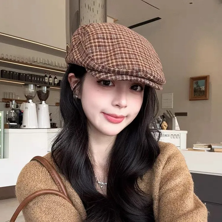 复古格子前进帽女秋冬百搭英伦风反戴毛呢鸭舌帽保暖贝雷画家帽