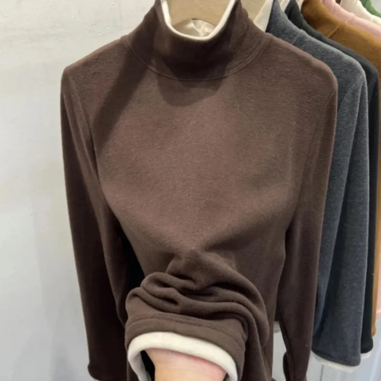 2025秋冬装简约拼接纯色保暖半高领长袖打底衫德绒德绒打底衫女