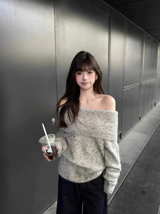 毛衣针织衫韩系慵懒辣妹风一字肩长袖毛衣女春季宽松时尚气质露肩
