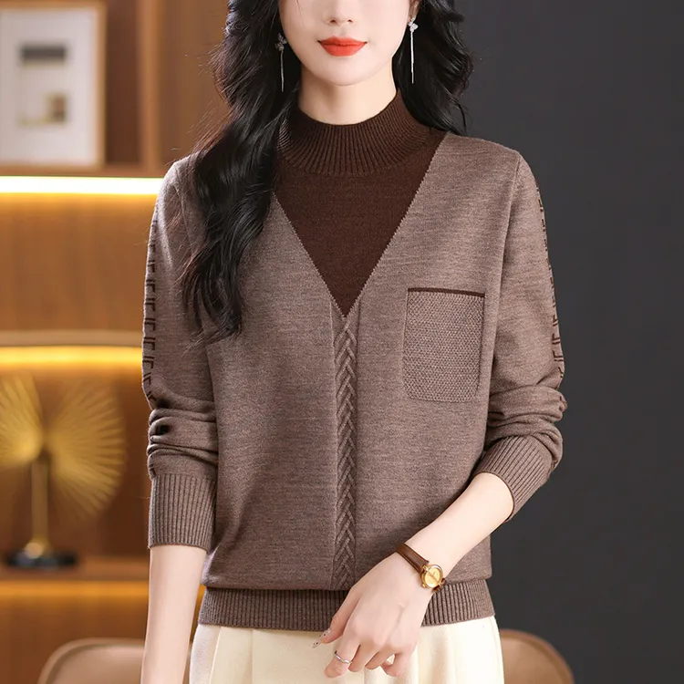 女士半高领毛衣2025秋冬新款时髦时尚洋气妈妈上衣撞色打底衫短款
