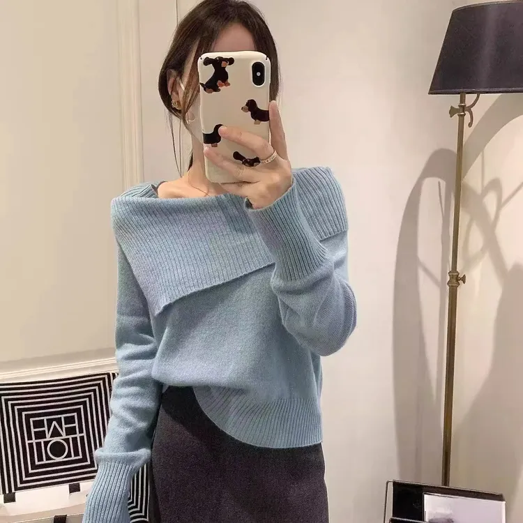 高级感针织衫秋冬浅蓝色外穿套头毛衣女洋气一字肩内搭打底衫上衣