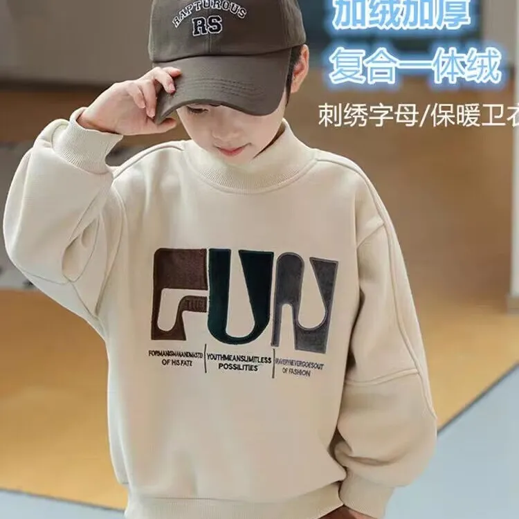 儿童加绒卫衣冬季男童半高领加厚羊驼绒上衣中大童男孩卫衣韩版