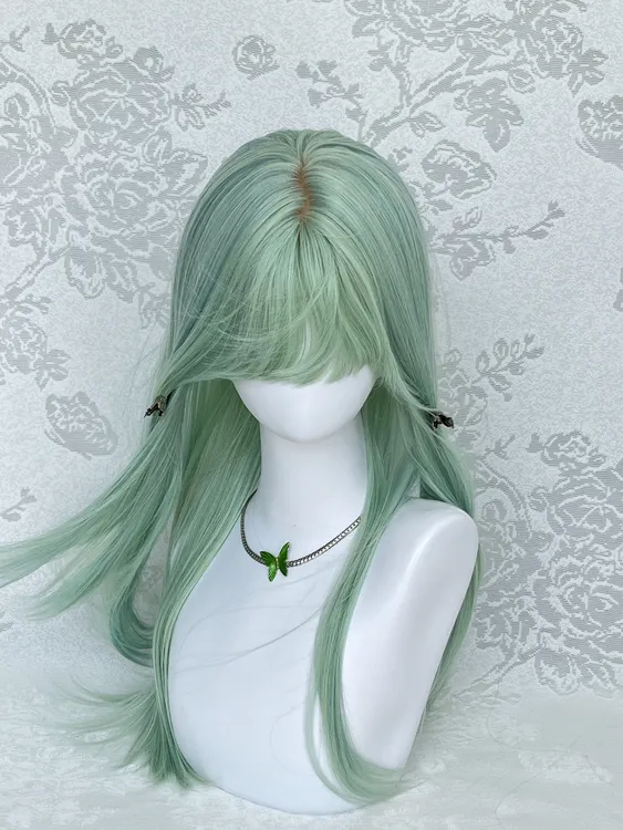 【薄荷织夏】薄荷绿发色清新齐刘海高层次自然长直发女士全头套