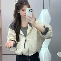 7664 格子拼接连帽女款棉服