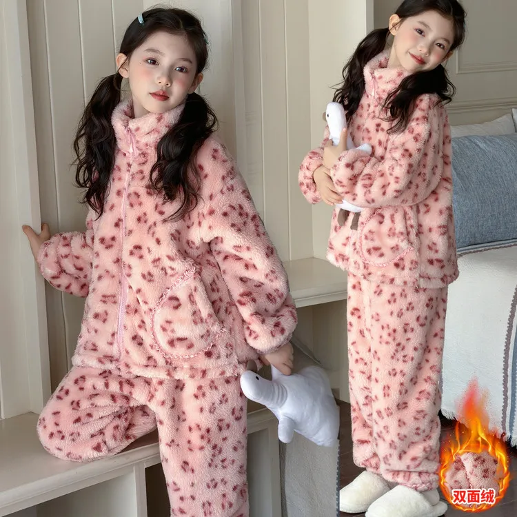 女童冬季加厚豹纹珊瑚绒睡衣6-15岁女孩洋气保暖法兰绒家居服套装