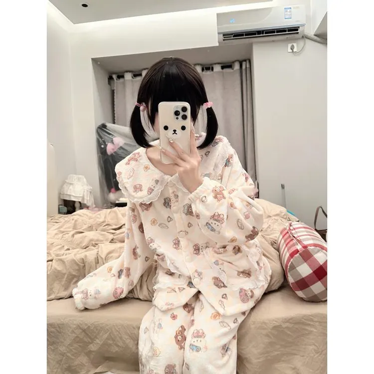 日系ins睡衣女冬季加厚加绒法兰绒套装轻松熊甜美可爱少女家居服