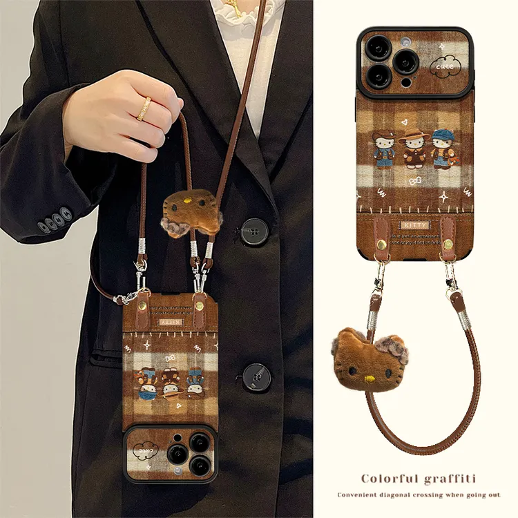 三只KT猫适用苹果17华为VIVO/OPPO小米iPhone视窗贴皮斜跨手机壳