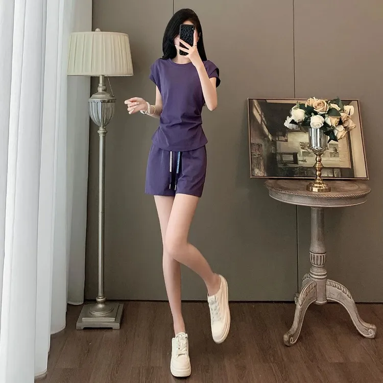纯棉休闲运动套装女2025夏洋气减龄圆领短袖宽松阔腿短裤两件套潮