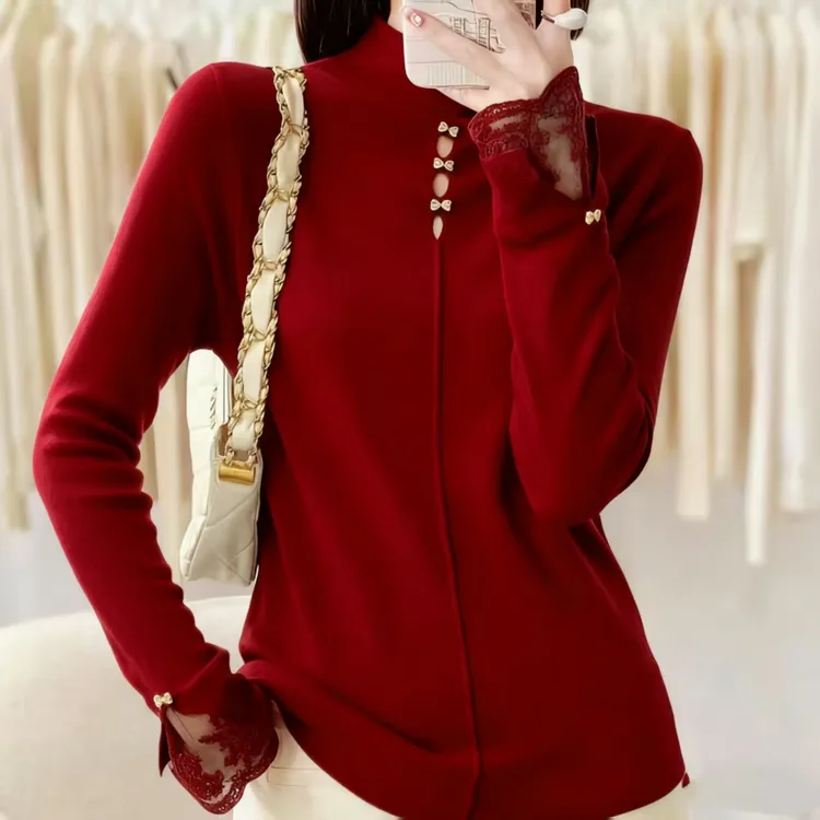 5855大码女装新年蕾丝拼接针织衫秋冬时尚气质百搭长袖上衣打底衫