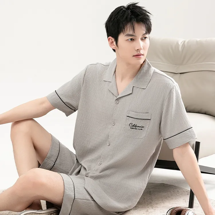 男士睡衣夏季云朵棉开衫短袖短裤休闲青少年男生家居服套装可外穿