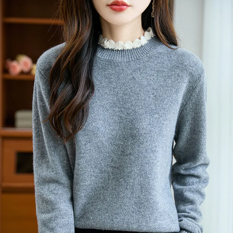半高领100纯羊毛女衫秋冬新款重工珠片手工勾边宽松显瘦针织衫