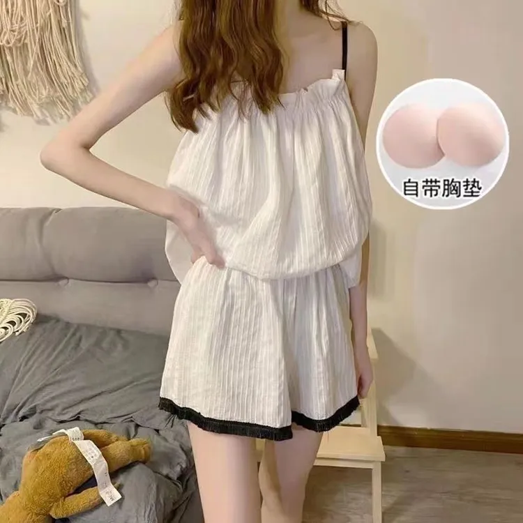 2025爆款性感带胸垫吊带背心短裤女夏天两件套薄款女睡衣吊带睡衣