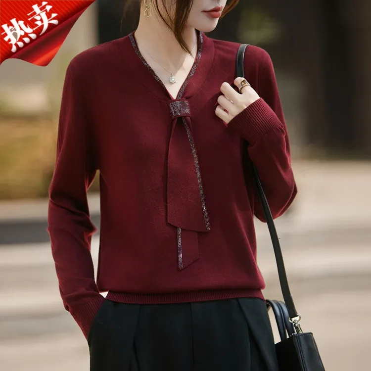 【绵羊毛】正品秋冬时尚V领带钻飘带精仿针织衫女士百搭纯色上衣