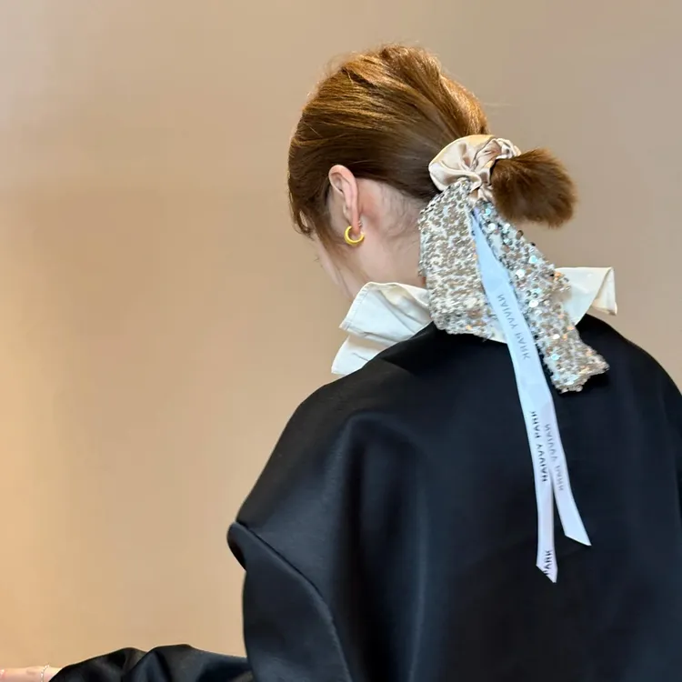 韩系千金亮片蝴蝶结字母飘带发圈头绳发饰高级感缎面头花发绳头饰