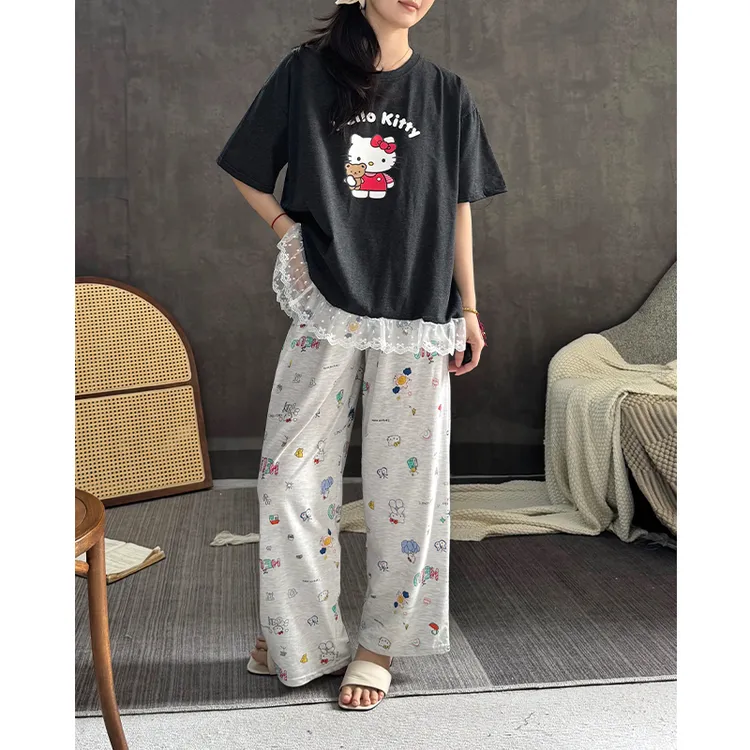 凯蒂猫睡衣女春夏季纯棉蕾丝短袖家居服薄款日系甜美可爱长裤套装