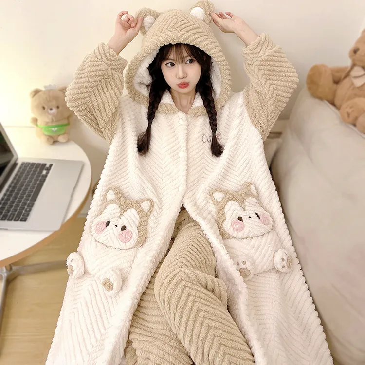 【一整套】睡袍女秋冬珊瑚绒加绒加厚卡通连帽新款睡衣.