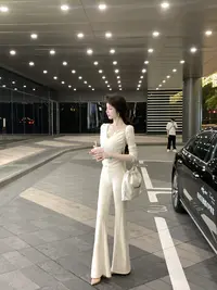 【雅乔定制】高弹乱麻微喇裤女百搭时尚白色喇叭长裤DYLL-25076479