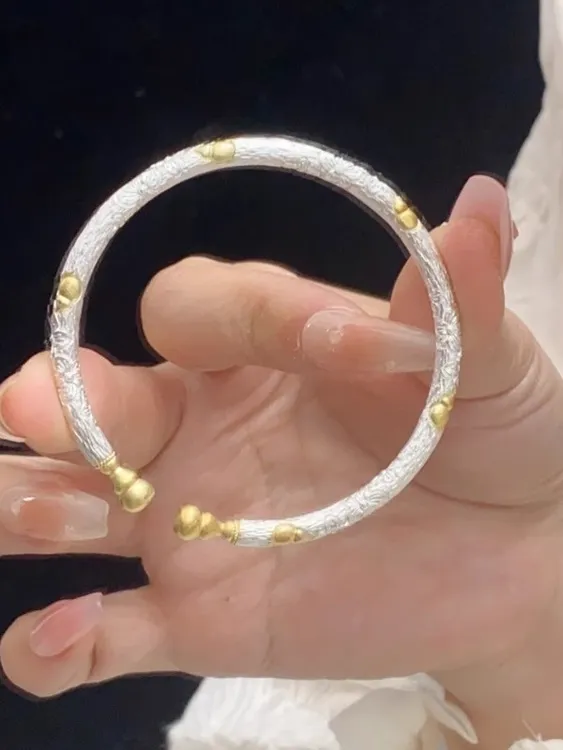 足银手镯 足银999描金樱花葫芦手镯女纯银实心镯子分色手镯国风