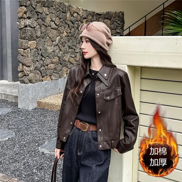 Y6663韩版百搭修身加棉保暖皮衣女2025秋冬气质显瘦休闲短外套