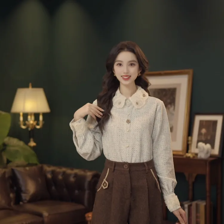 琦琦【落雪海面】复古港风秋冬厚款休闲百搭衬衫上衣YE0708490