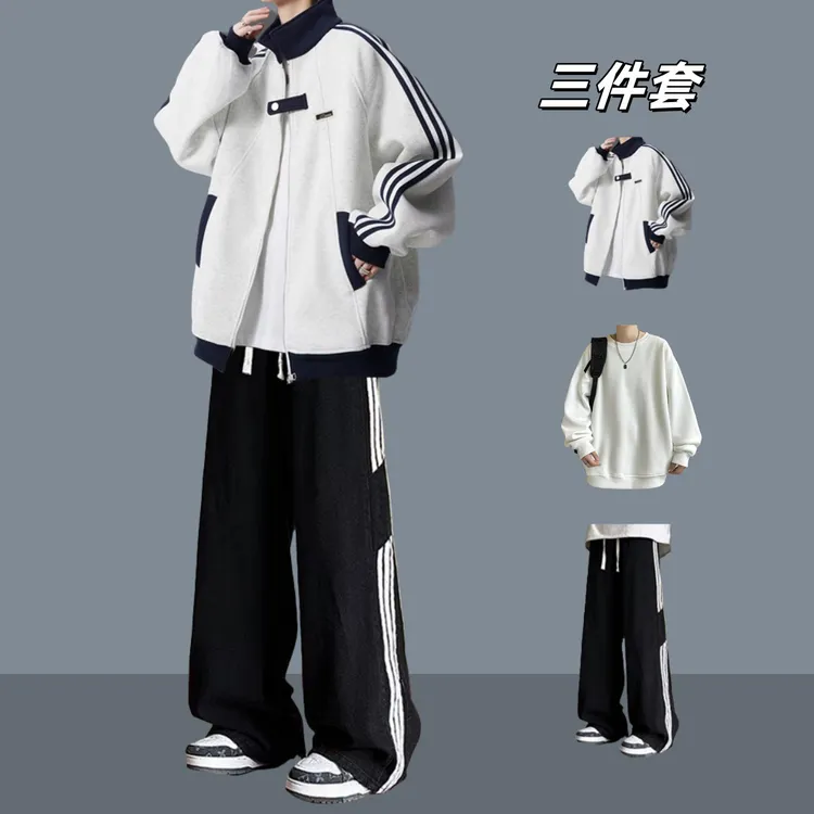 条纹拼接夹克外套大学生棒球服搭配牛仔裤痞帅套装青少年时尚穿搭