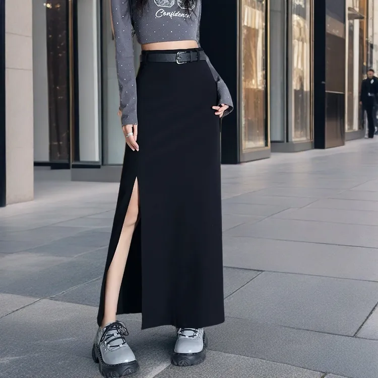 黑色高开叉包臀长裙大码春夏高腰显瘦高个子时尚设计感西装半身裙