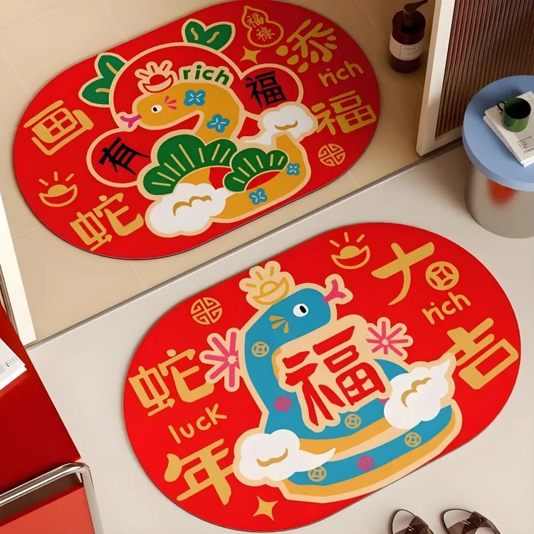 新年红色软硅藻泥卫生间防滑地垫浴室厕所门口吸水速干脚垫地毯子