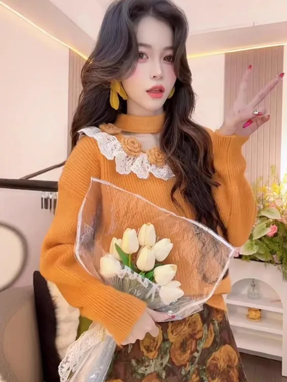 独特好看立体花朵毛衣女2025新款慵懒高级感显瘦针织衫上衣I6-74