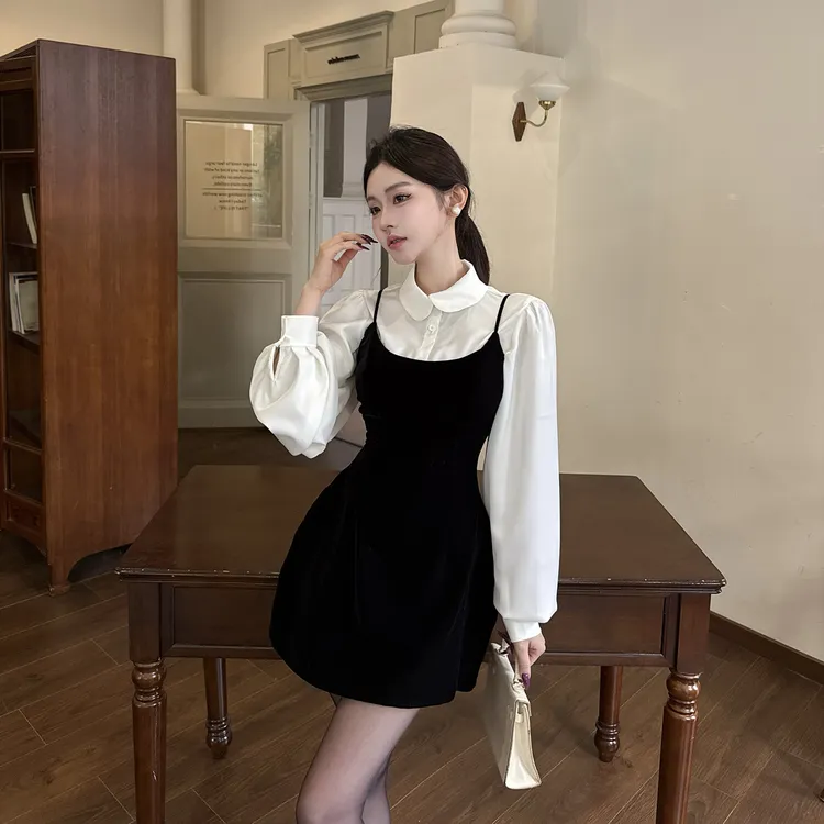 法式留洋千金风衬衣长袖吊带裙时尚套装复古轻奢气质修身显瘦短裙