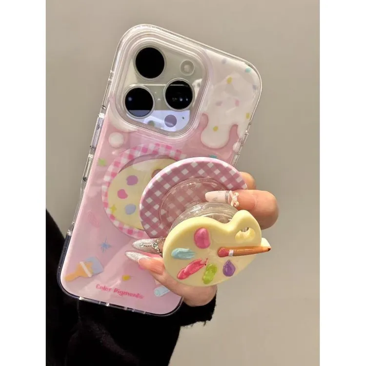 创意ins格纹圈颜料盘磁吸支架适用iphone16promax苹果15pro手机壳