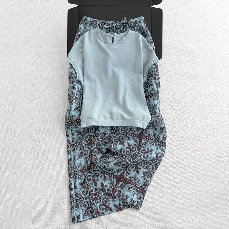 一整套ootd穿搭减龄蓝色t恤印花阔腿裤休闲套装2025超火夏装女装