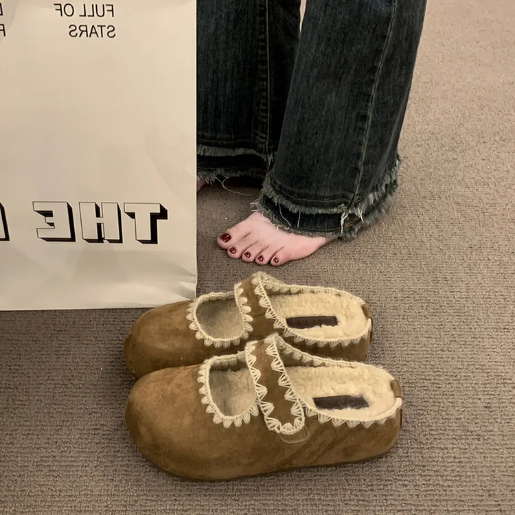 厚底内增高勃肯棉拖鞋女2025冬季新款英伦风加绒保暖毛毛包头棉拖