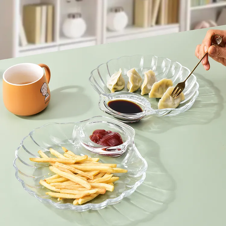 【2只装】玻璃饺子盘子带醋碟分格餐盘贝壳水饺创意水果盘