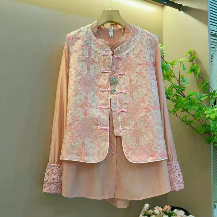 时尚国风春季新款微透显瘦上衣盘扣重工马甲套装