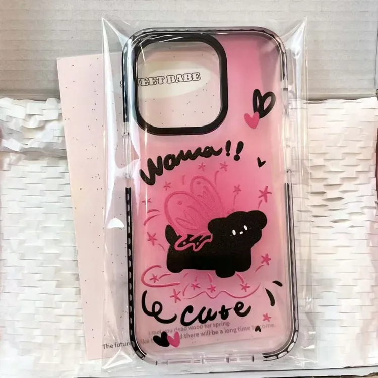 黑粉甜酷蝴蝶小狗适用iPhone15手机壳14/13PRO苹果黑边软壳12防摔