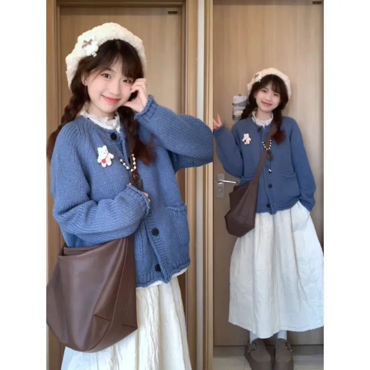 MARIE.COCO韩系文艺设计感圆领针织衫毛衣开衫搭少女感半身裙套装