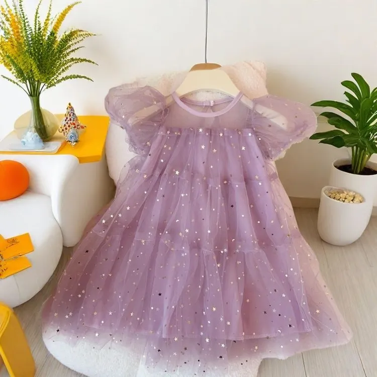 女童连衣裙新款洋气夏装网纱裙蓬蓬纱裙子小女孩泡泡袖夏季公主裙