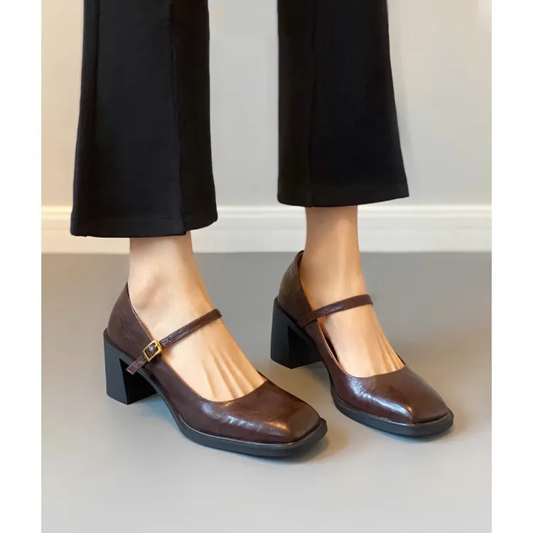 静音粗跟小皮鞋女棕色复古港风高跟玛丽珍鞋2025春季新款通勤单鞋