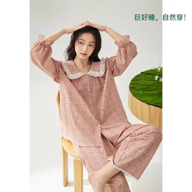 春秋纯棉长袖女款甜美大码睡衣套装梭织棉可外穿家居服