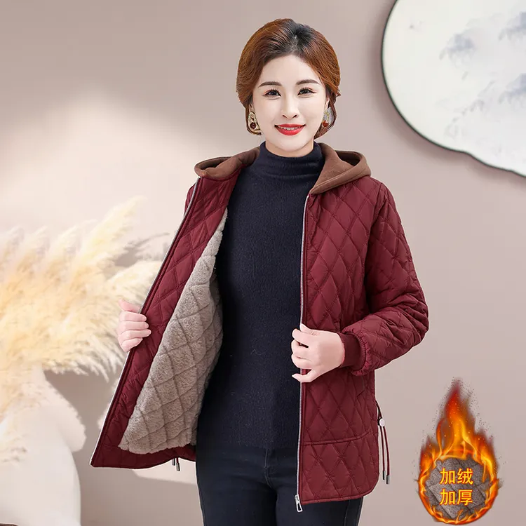 卓2大码专享加绒加厚连帽冬款保暖棉衣中年妈妈时尚百搭女装外套