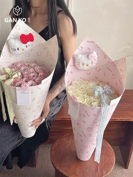 七夕限定Hello Kitty玫瑰冰淇淋桶仿真花束材料情人节送女友闺蜜