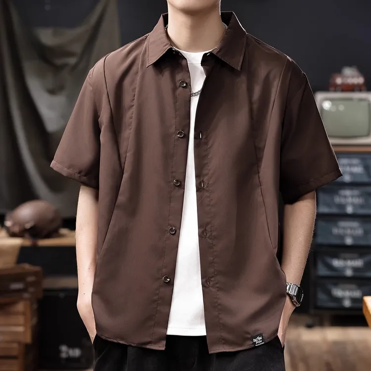新款美式天丝凉感短袖衬衫男2025夏季高级感宽松大码男款冰丝衬衣