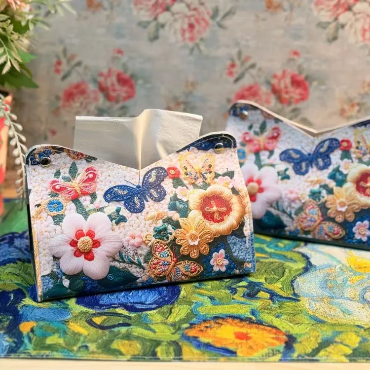 【拍一发二】花朵复古家用客厅纸巾盒 皮质纸巾袋餐厅抽纸盒