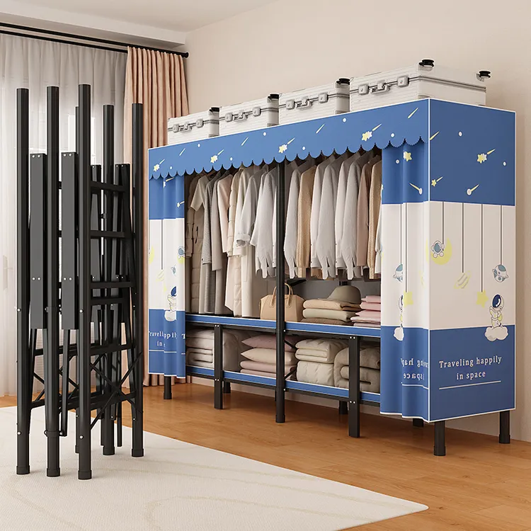简易衣柜家用卧室折叠免安装出租房用全钢架结实耐用加粗加厚衣橱