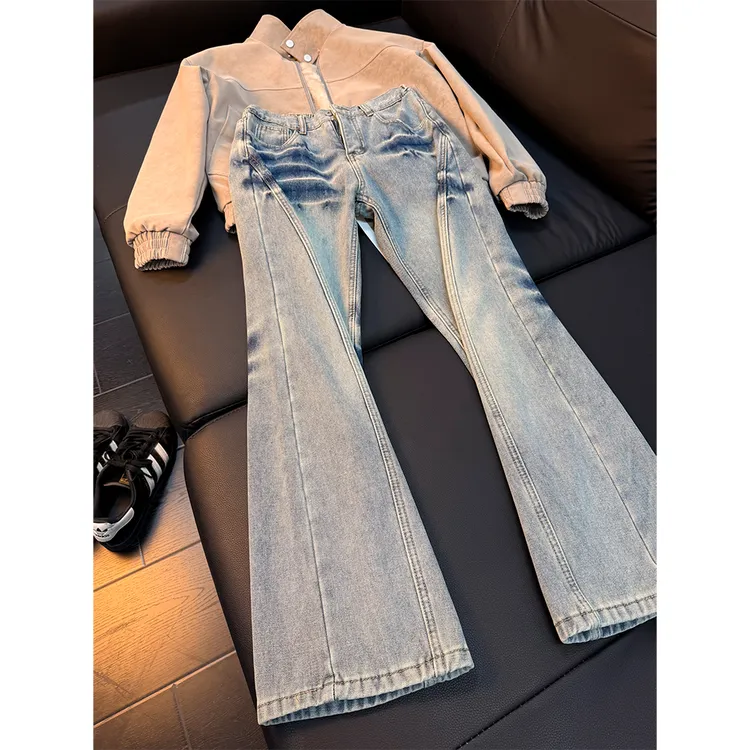 美式斜切闪电纹牛仔裤男款潮牌高街vibe修身裤子显瘦显腿长微喇裤