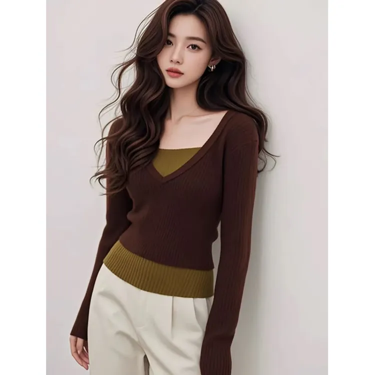 春秋复古修身显瘦假两件针织打底衫女毛衣独特别致设计感长袖上衣