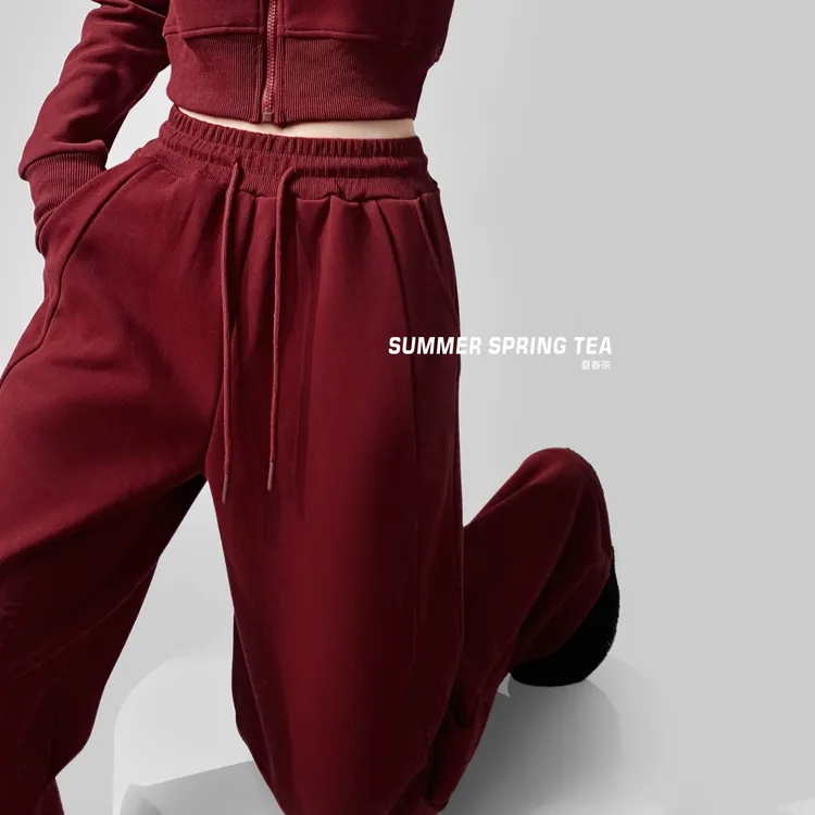 夏春茶-提臀加厚慵懒风高腰休闲阔腿裤冬季加绒垂感加绒卫裤女