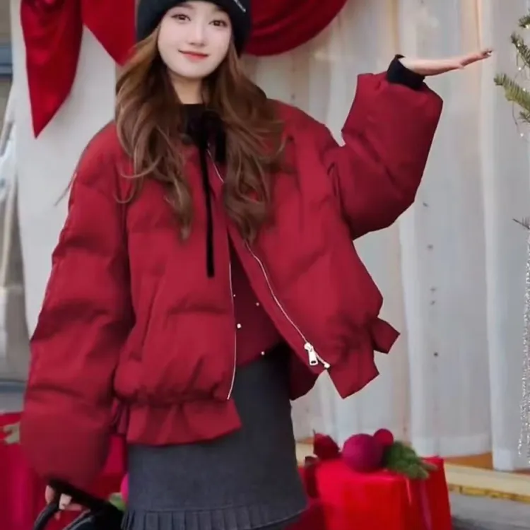 冬季新款韩系蝴蝶结花苞白鸭绒甜美羽绒服女短款小个子保暖外套